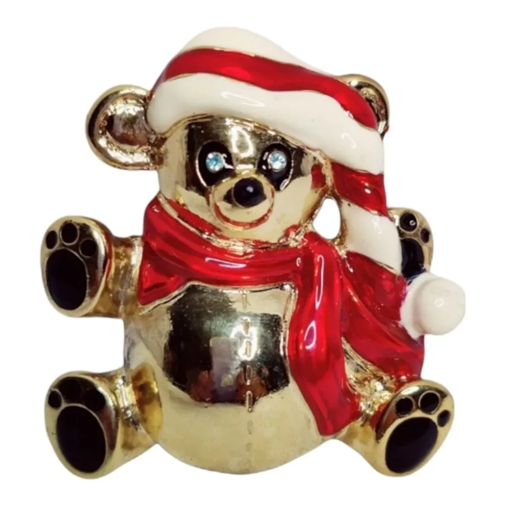 Gold Metal‎ Plated Christmas Teddy Bear Brooch Pin Wearing Santa Hat & Scarf